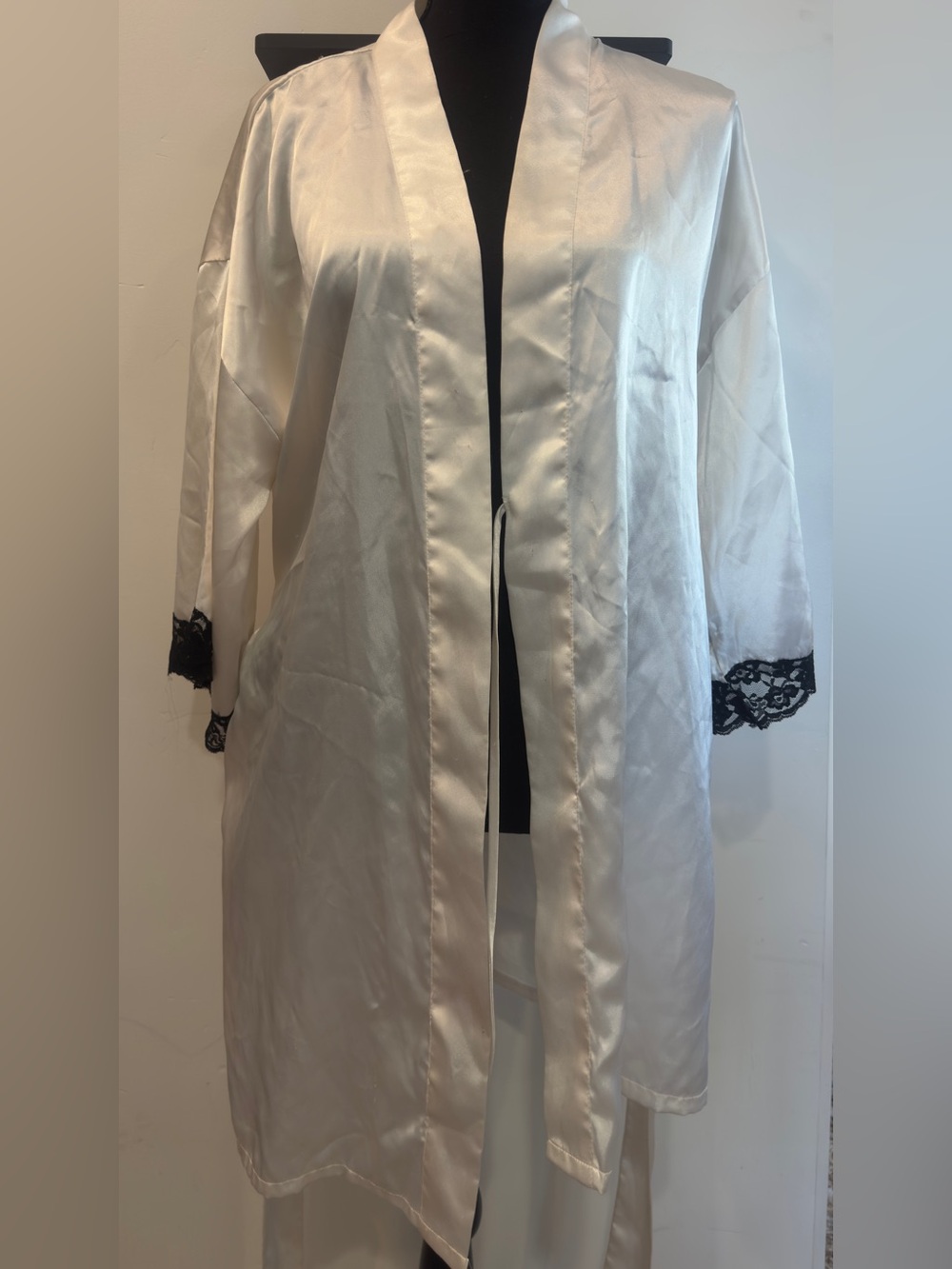 White Satin Robe with Black Lace Trim